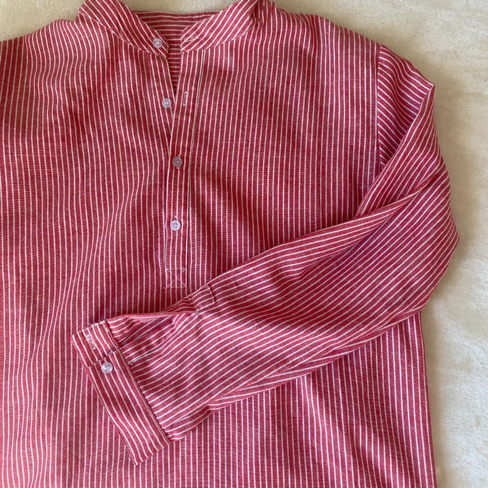 Vintage Red & White Striped Cotton Shirt Mandarin Collar Summer Cotton Blouse